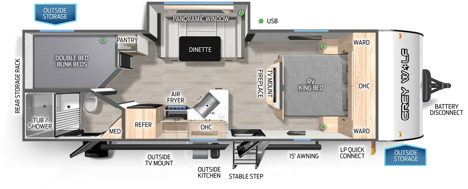 The Cherokee Black Label 23DBHBL floorplan has two entries and one slide out. Exterior features include: fiberglass exterior, 15' awning and outside kitchen. Interiors features include: bunk beds, u-dinette and front bedroom.